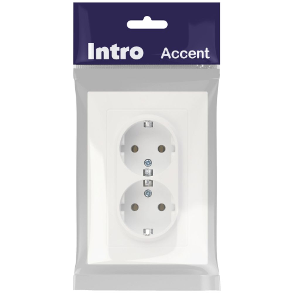 Розетка Intro Accent 6-205-01М двойная с заземлением 2X2P+E Schuko 16А-250В IP20 СУ AL/CU белый матовый | Intro