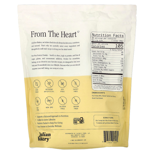 Julian Bakery, гороховый протеин в порошке, ваниль, 900 г (2,01 фунта)