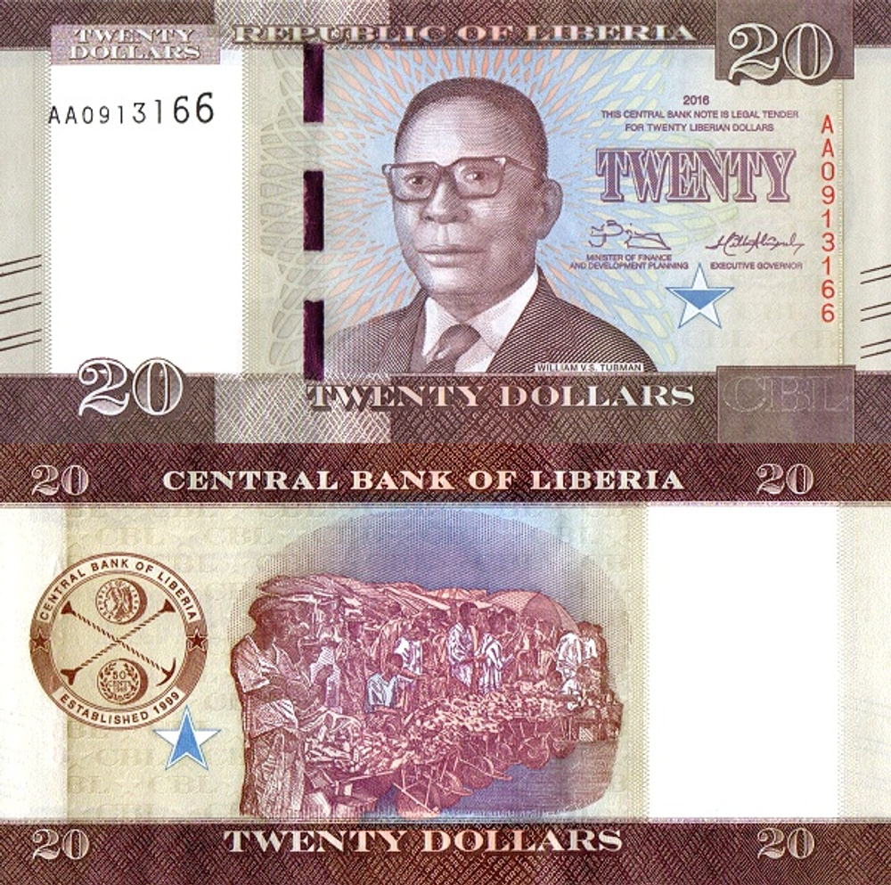 Либерия 20 долларов 2016-2017 Рынок UNC