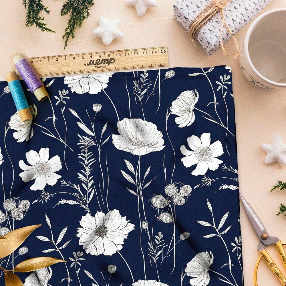 Ткань премиум флис белые полевые цветы на белом
