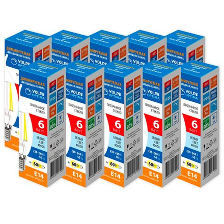LED-CW35-6W-4000K-E14-CL-DIM-SLF Набор из 10штук Лампа светодиодная диммируемая. Форма свеча на ветру. прозрачная. Серия Optima DIM Филамент. Белый свет 4000K. ТМ Volpe