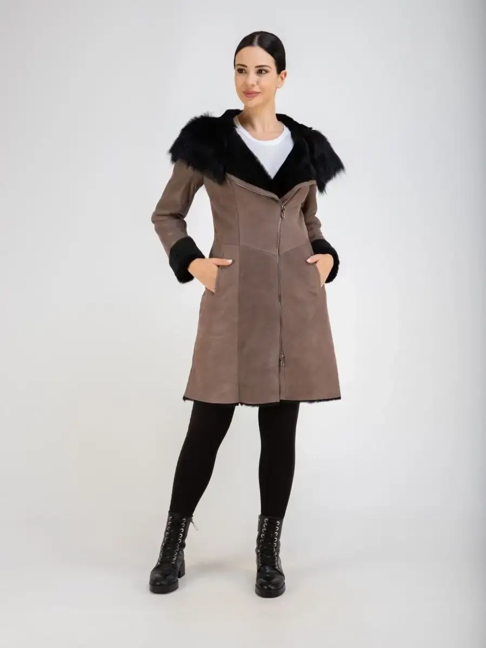 Дубленка женская натуральная длинная с капюшоном Турция