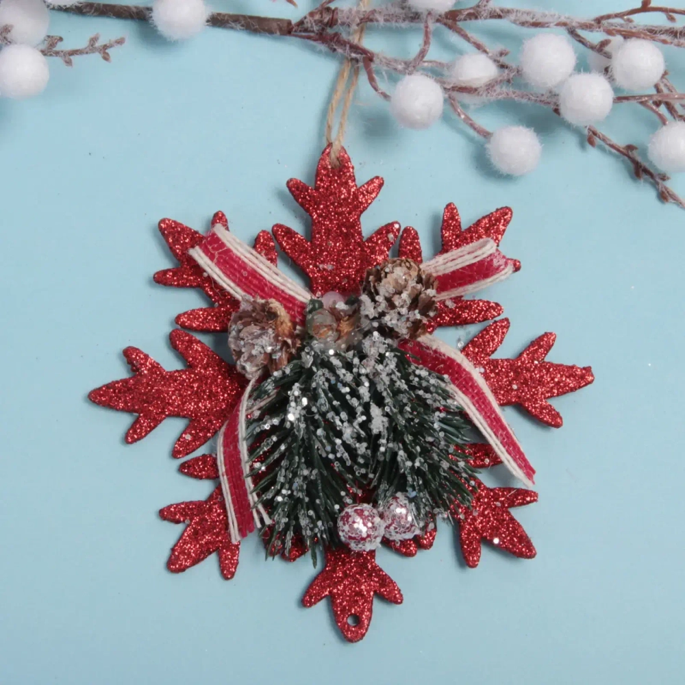 Подвеска елочная БЛЕСК «Снежинка зимняя» 12 см, Красный