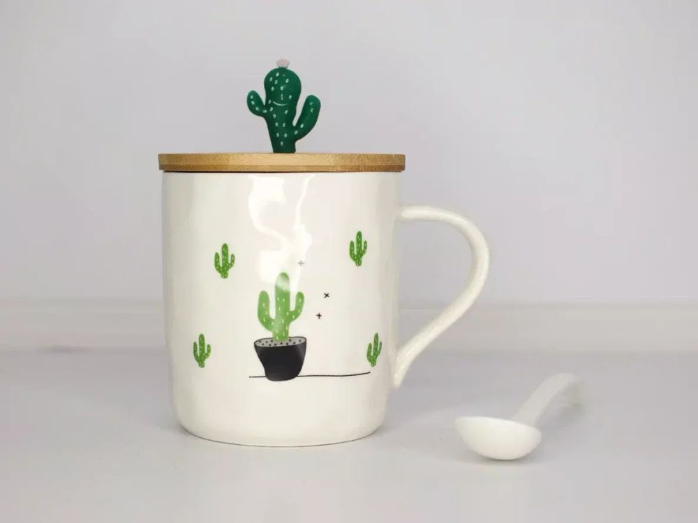 Кружка керамическая с деревянной крышкой и ложкой «Кактус», 380 мл, цвет МИКС