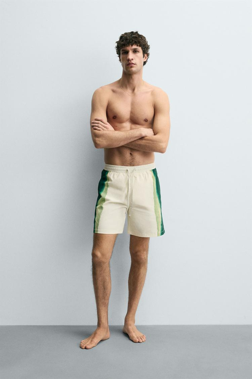 ZARA ДЛИННЫЕ ПЛАВКИ С ПРИНТОМ В ПОЛОСКУ, ЭКРЮ