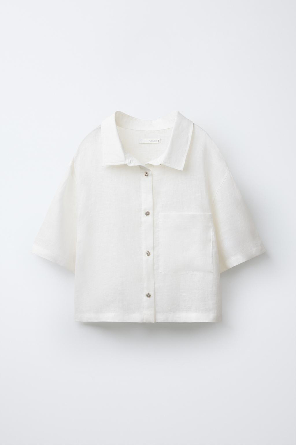 ZARA ЛЬНЯНАЯ РУБАШКА С БЛЕСТЯЩИМИ ПУГОВИЦАМИ, ЖЕЛТОВАТО-БЕЛЫЙ