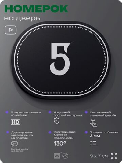 Номерок на дверь квартиры 5, для кабинета, офиса, шильдик 9 х 7 см, черный, Айдентика Технолоджи