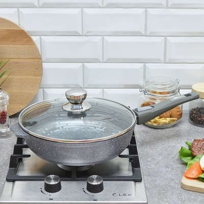 Сковорода 24см Гранит со съемной ручкой и стеклянной крышкой