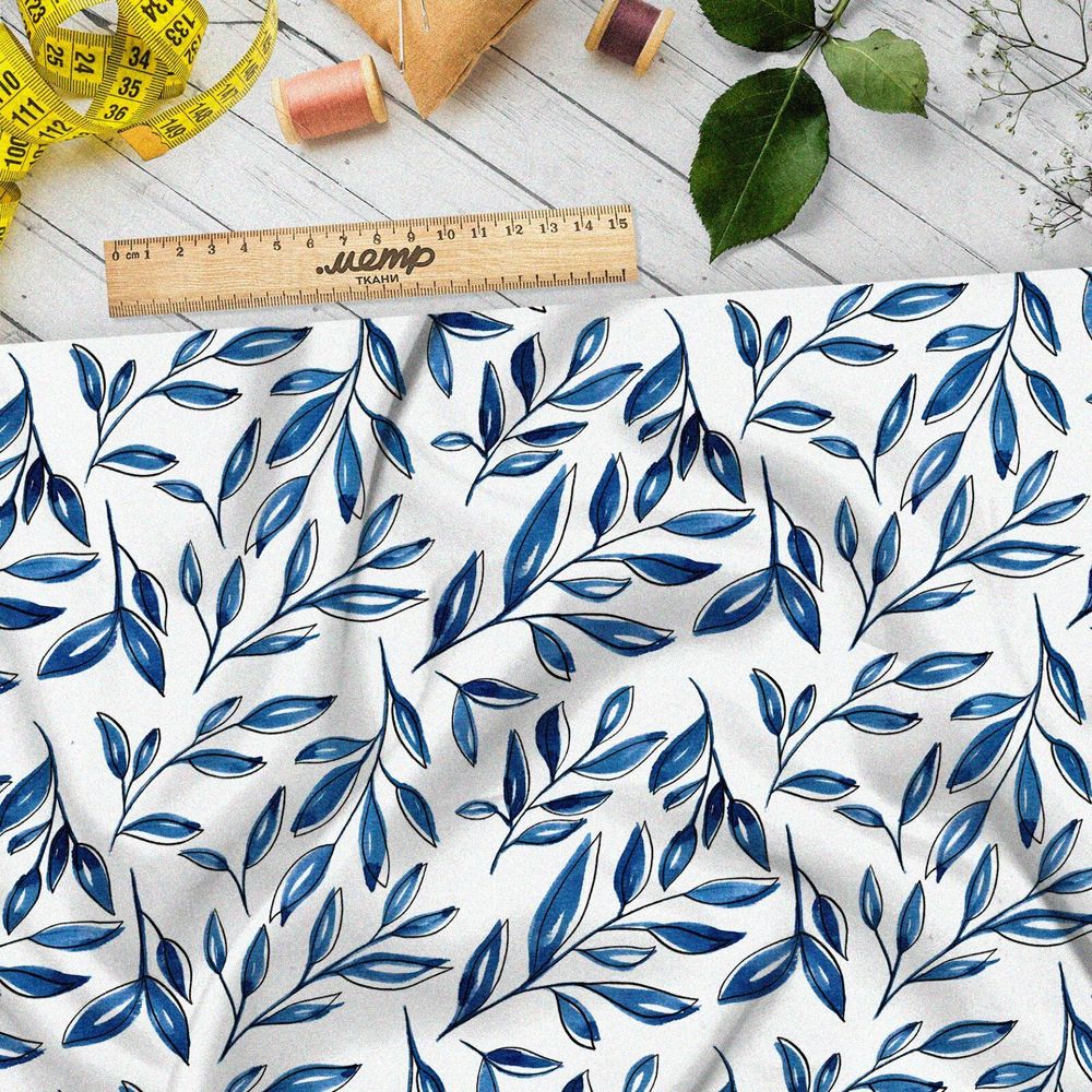 Ткань бифлекс утончённые листья синие