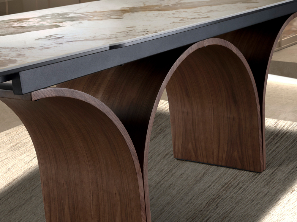 Раздвижной стол 1156 из керамики с эффектом мрамора и стали с отделкой под орех