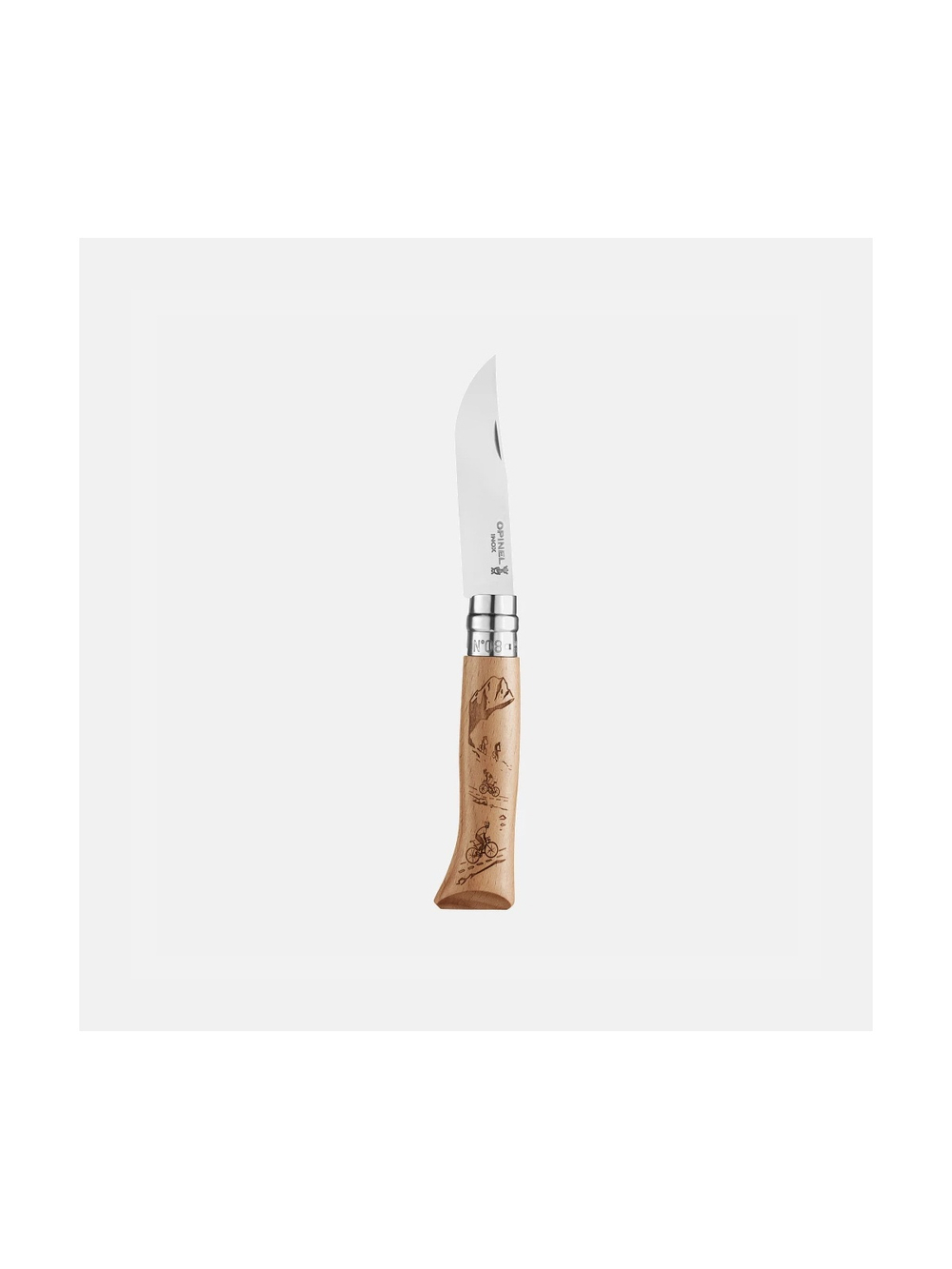 Нож Opinel №8 Alpine adventures, нержавеющая сталь, рукоять дуб, гравировка горный велосипед, 002187