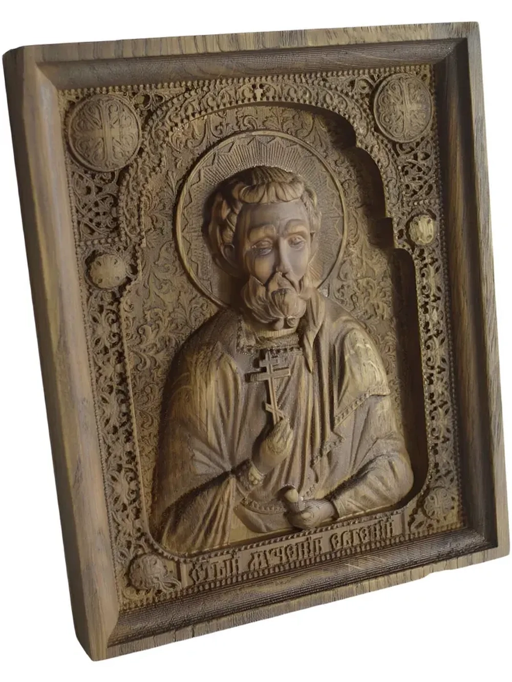 Освященная Икона Евгений Севастийский, резная, из дуба