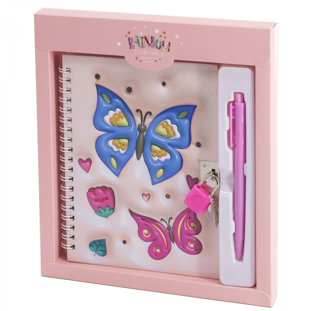 Блокнот в футляре, 19,5 см * 22,5 см, гребень, Alingar, ламинация, эффект 3D, ручка, замочек, клетка, 45 л., "Яркие бабочки", персиковый