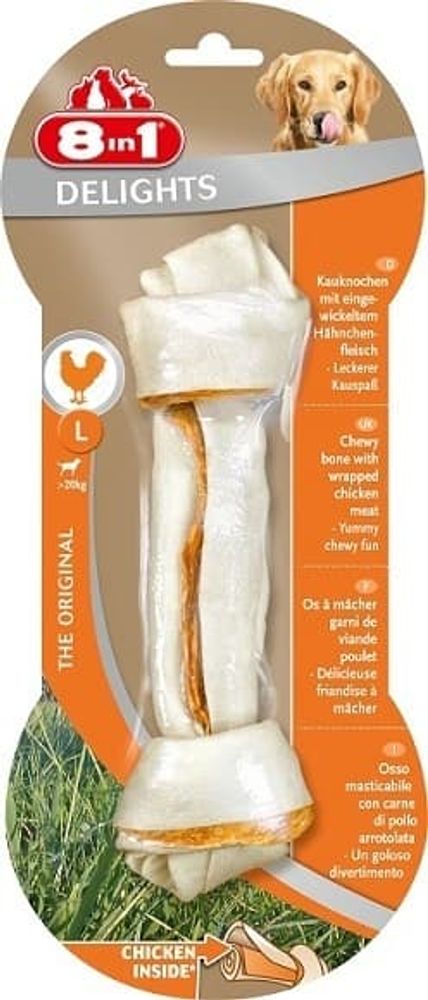 8in1 Delights Bone L/21 см (1 шт.) жевательная коcточка д/крупных собак, с куриным мясом, обернутые 8in1 Delights Bone L/21 см (1 шт.) жевательная коcточка д/крупных собак, с куриным мясом, обернутые