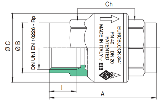 Клапан обратный Rubinetterie Bresciane Euroblock 100000 3/4" ВР/ВР полнопроходной