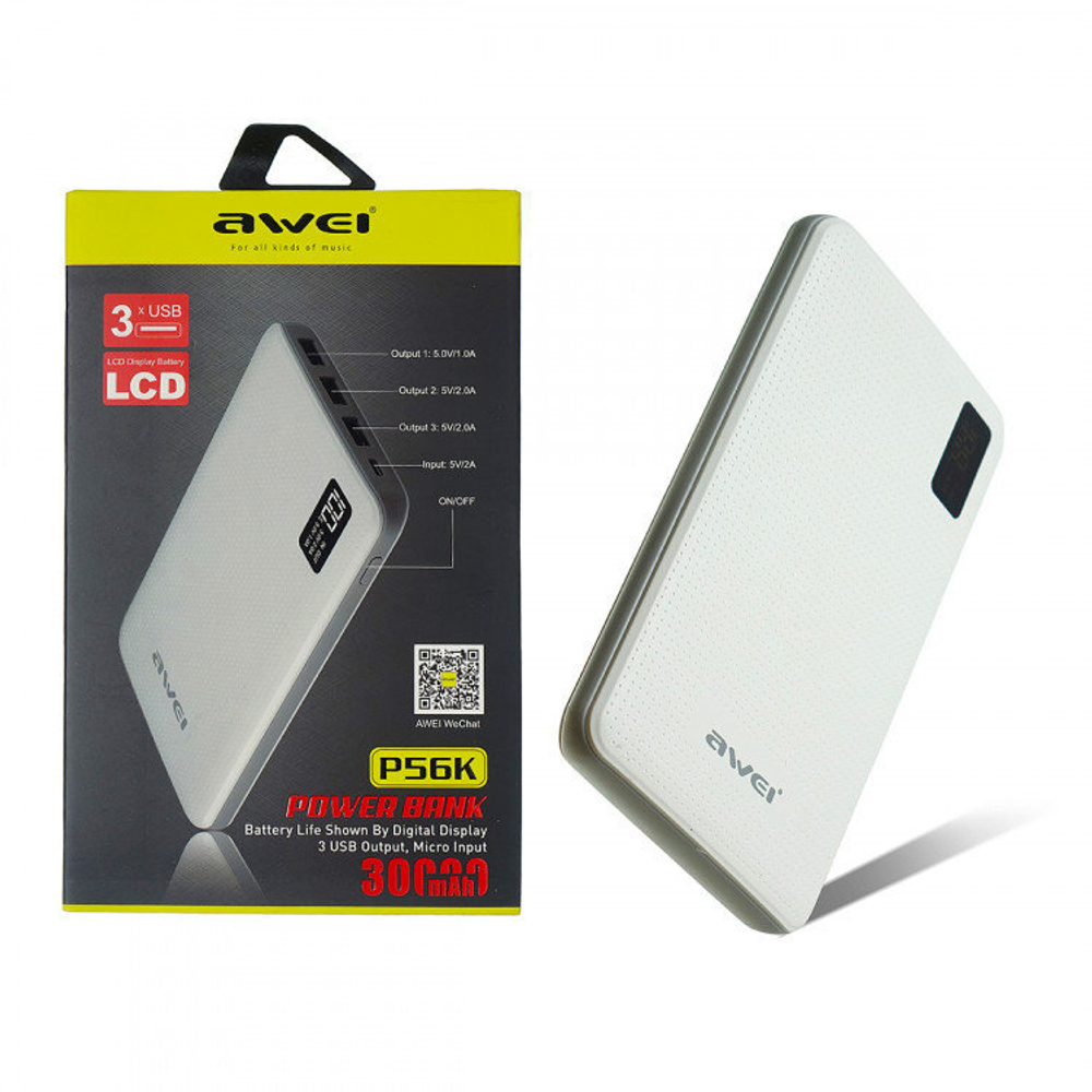 Power Bank 3000mAh, 3 USB, Awei P56K, белый