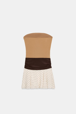 ZARA КОМБИНИРОВАННОЕ ПЛАТЬЕ В ГОРОШЕК, КАРАМЕЛЬНЫЙ