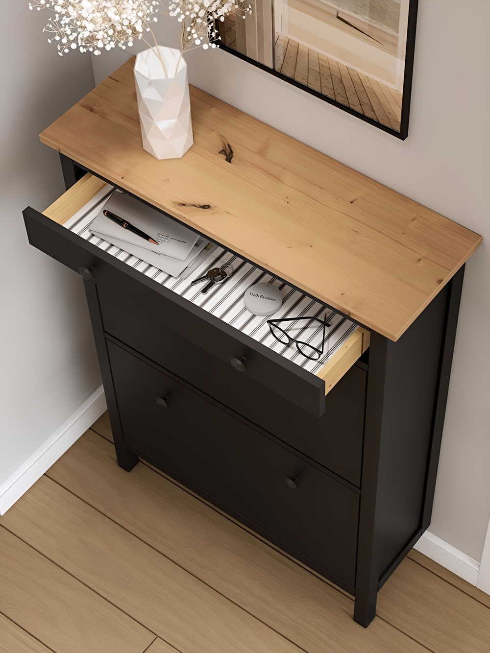 IKEA Обувница 3 ящ, HEMNES 89х127х30, черная/св-коричневая, из массива сосны, КЫМОР (ХЕМНЭС ИКЕА)