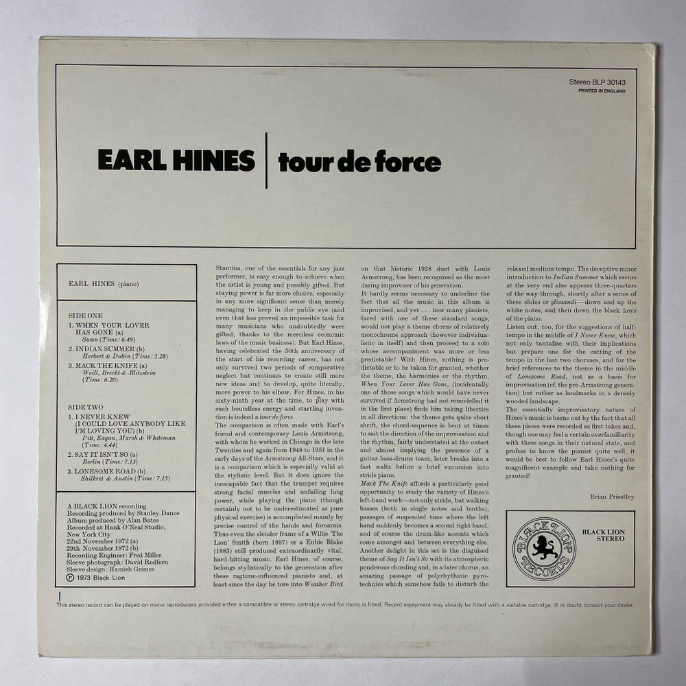 Винтажная виниловая пластинка LP Earl Hines Tour De Force (UK 1973)