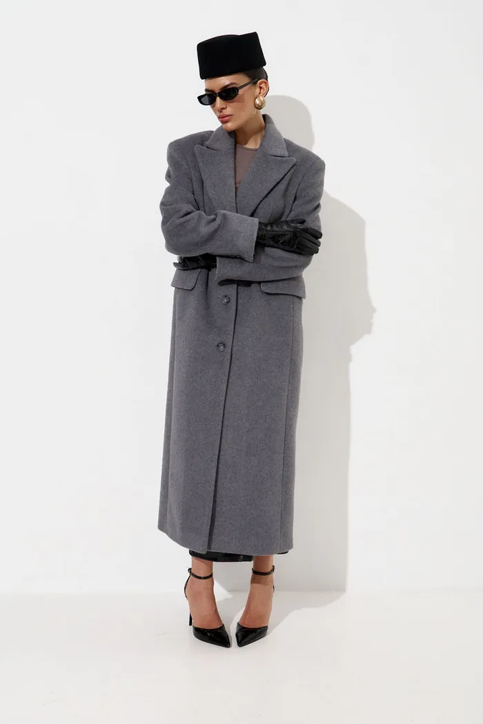 Пальто с шерстью прямого кроя серого цвета