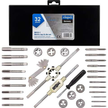 Набор метчиков и плашек Scheppach 32 предмета (М3x0.5,М4x0.7,М5x0.8,М6x1,М8x1.25,М10x1.5,М12x1.75) Sch-M032-1(64902)