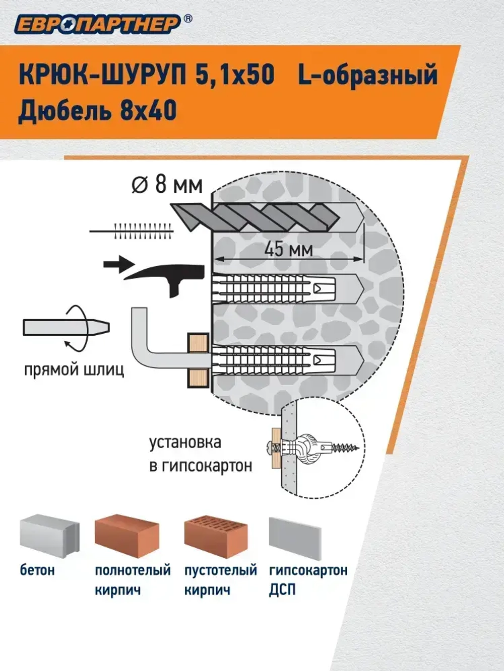 Крюк-шуруп L-обр. d5,1хL50мм прямой шлиц оцинкованный Европартнер (2 шт.)