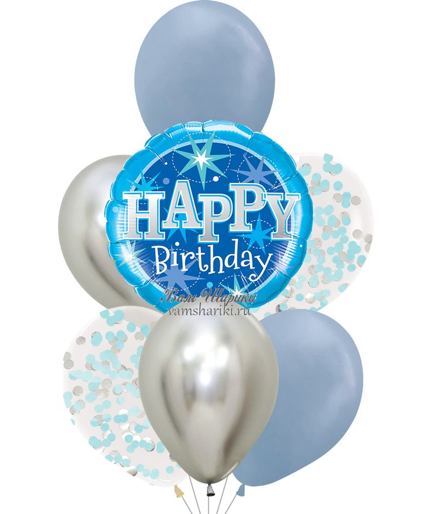 Фонтан из голубых и серебряных шаров на День Рождения