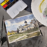 Картина авторская акварельная в паспарту 21х30 см на стену для интерьера "Церковь Нерукотворенного образа на Запсковье"