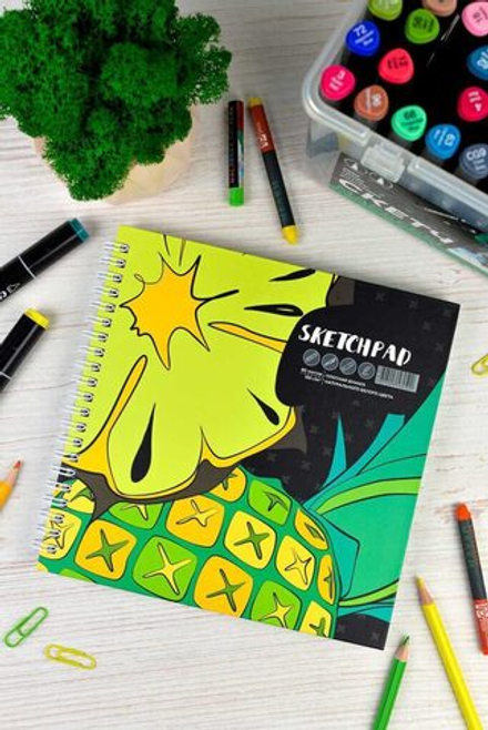 Скетчпад 195*195мм  80л., гребень, 100гр/м2 "Тропические фрукты" тв.обл.