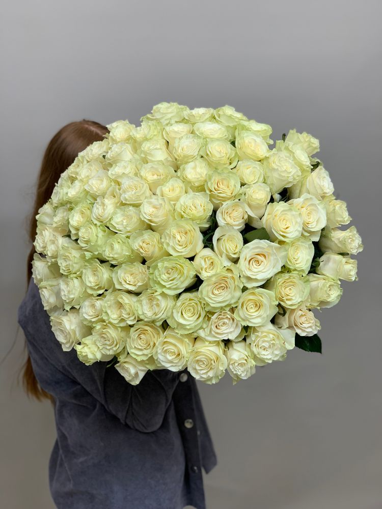 Букет 101 белая роза Эквадор 50см в ленте