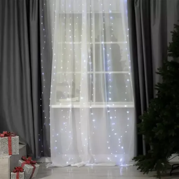 Занавес-роса 2.8×3 м. на крючках, пульт, IP20, серебристая нить, 300 белых LED, 8 режимов, USB, Luazon Lighting (4814716)