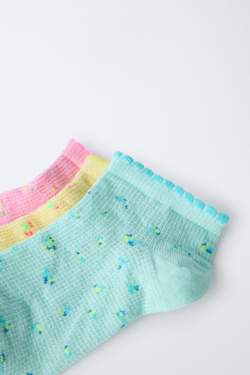 ZARA НАБОР ИЗ 3 ПАР НОСКОВ С ЦВЕТОЧНЫМ ПРИНТОМ, НЕОНОВЫЙ РОЗОВЫЙ
