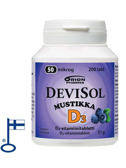 Витамин Д3 DeviSol MUSTIKKA D3 50 мкг 200 таб, Девисол со вкусом черники, для крепких костей, мышщ и здоровых зубов, без лактозы, без глютена, без дрожжей