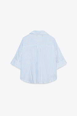 ZARA УКОРОЧЕННАЯ РУБАШКА ИЗ СМЕСОВОГО ЛЬНА, БЕЛЫЙ/НЕБЕСНО-ГОЛУБОЙ