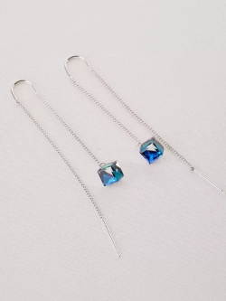Серьги-протяжки Миражи с синими кубиками Swarovski