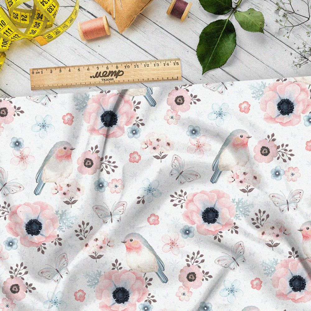 Ткань флис акварельные нежные птички