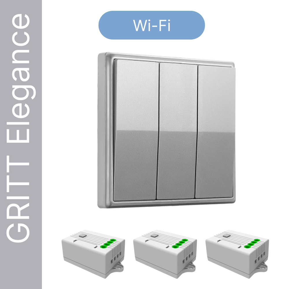 Умный беспроводной выключатель GRITT Elegance 3кл. серебристый комплект: 1 выкл., 3 реле 1000Вт 433 + WiFi с управлением со смартфона, E181330TGWF