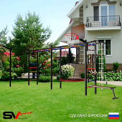 Уличная шведская стенка Sv Sport рукоход х 2 с комплектом турник прямой У52833.1К (Турник/Брусья/Стойка/Скамья/Гнездо 100см/Щит баскет/Кронш бокс/Канат/кольца/лестница)