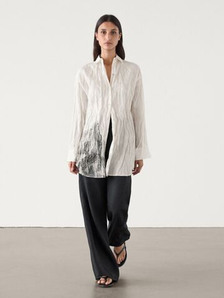 Massimo Dutti Рубашка из смесового хлопка с пуговицами, натуральный, кремовый