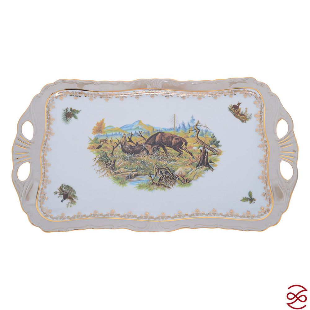 Блюдо квадратное на ножке Queen's Crown Aristokrat Охота бежевая 45*25см