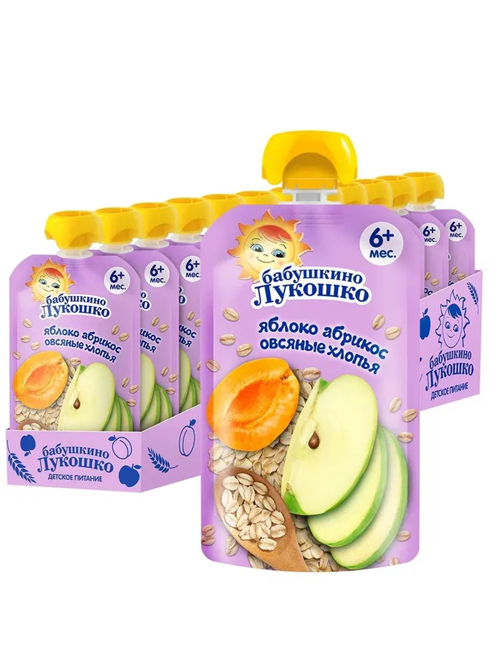 Пюре яблоко и абрикос с овсяными хлопьями мягкая упаковка ( 125 г ) "Бабушкино лукошко"