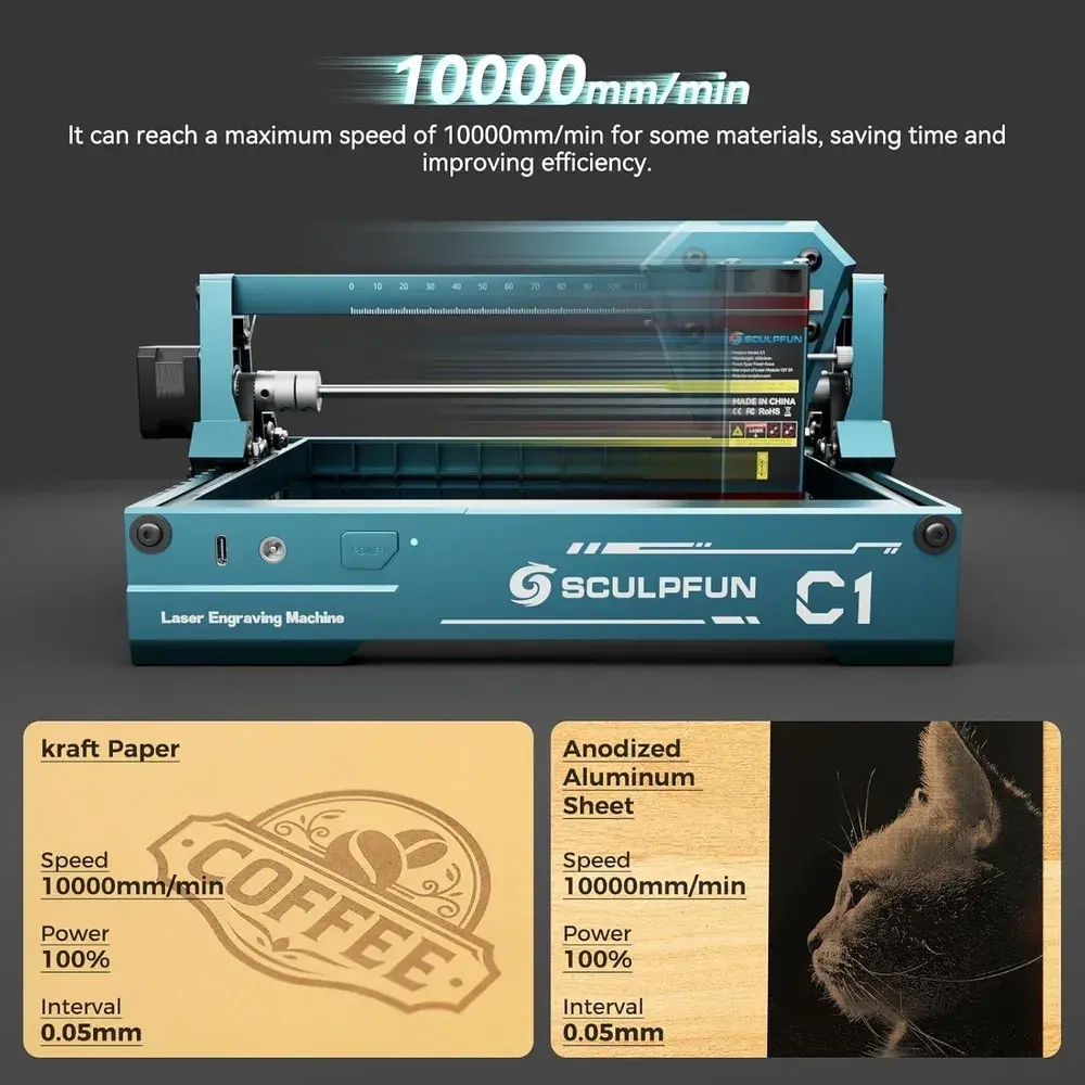 SCULPFUN C1 3 Вт Мини-лазерный гравировальный станок, высокая точность 0,04 мм, скорость до 10 000 мм/мин, подключаемый и работающий многофункциональный станок