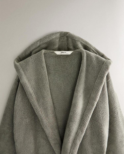 ZARA HOME ХЛОПКОВЫЙ ХАЛАТ С КАПЮШОНОМ, ЗЕЛЕНЫЙ