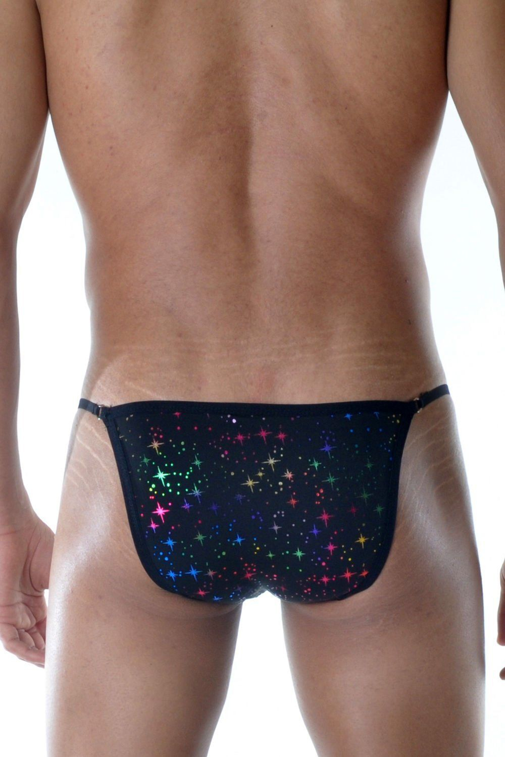 Черные мужские трусы-танга с разноцветными блестящими звездочками (Размер: L) (Цвет: черный)