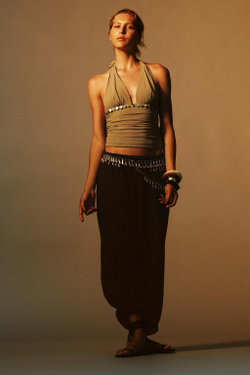 ZARA ТОП С ГОРЛОВИНОЙ ХАЛТЕР И БУСИНАМИ, РЫЖЕВАТО-КОРИЧНЕВЫЙ