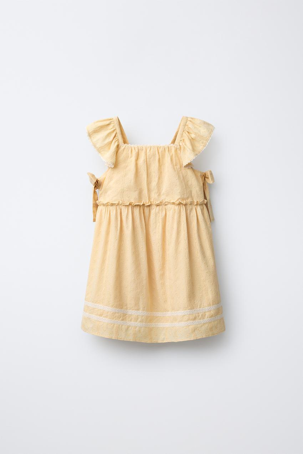 ZARA ПЛАТЬЕ С БАНТАМИ И КРУЖЕВОМ, ЖЕЛТЫЙ
