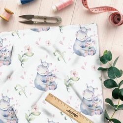 Ткань блэкаут акварельные бегемотики