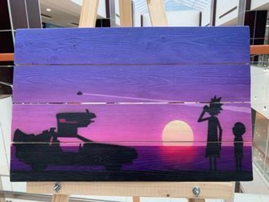 Картина на досках Рик и Морти на закате (40x58 см)