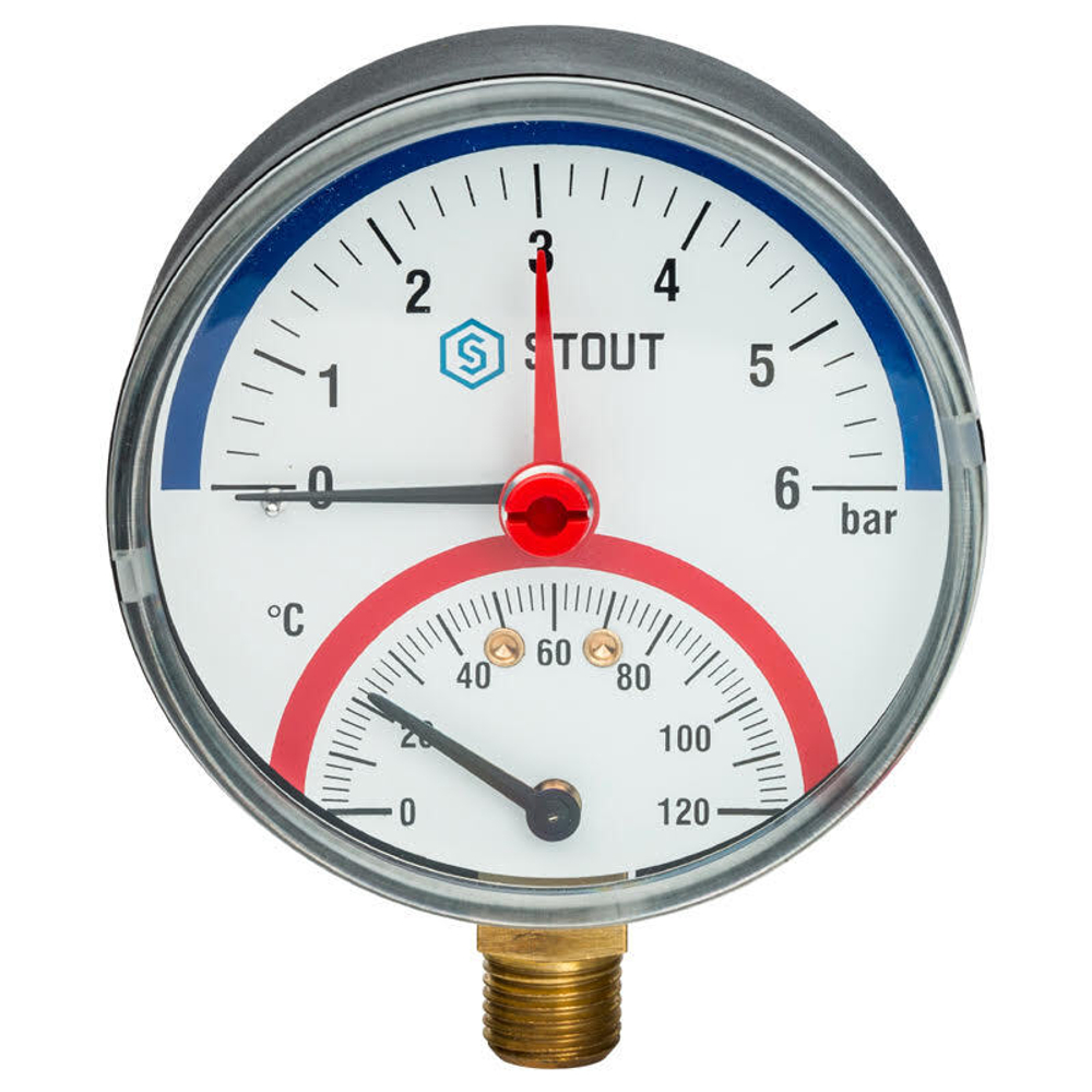 Термоманометр радиальный Stout, корпус 80 мм, диапазон 0-6 бар, 0-120C, подключение 1/2