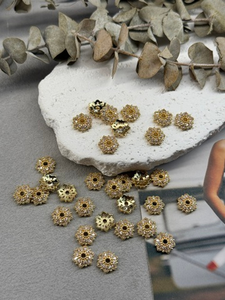 Шапочка для бусин с фианитами, позолота 14k, 10 мм, 4 штуки